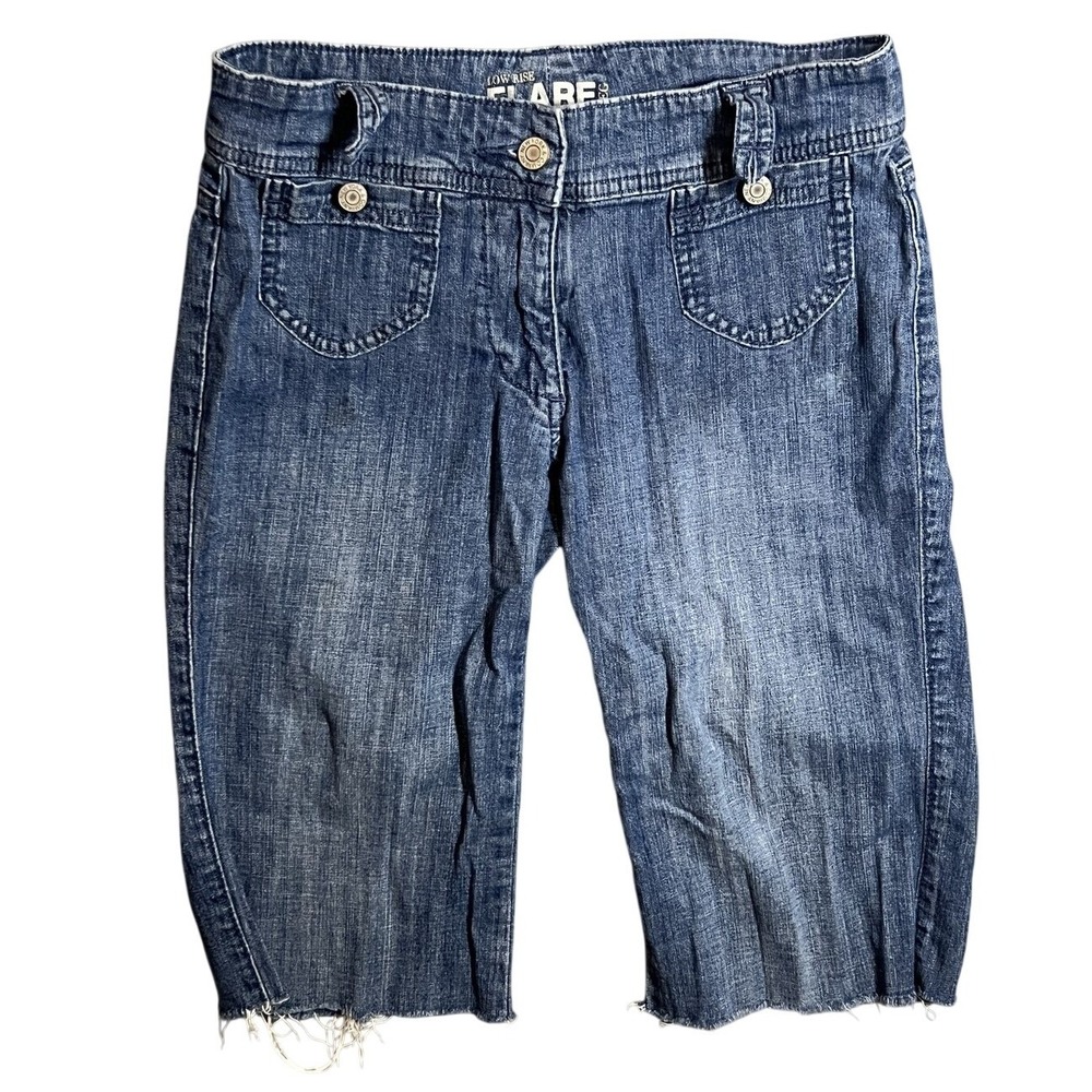 New York & Company Women's Low Rise Flare Denim Shorts Blue Size 0 Raw Hem
